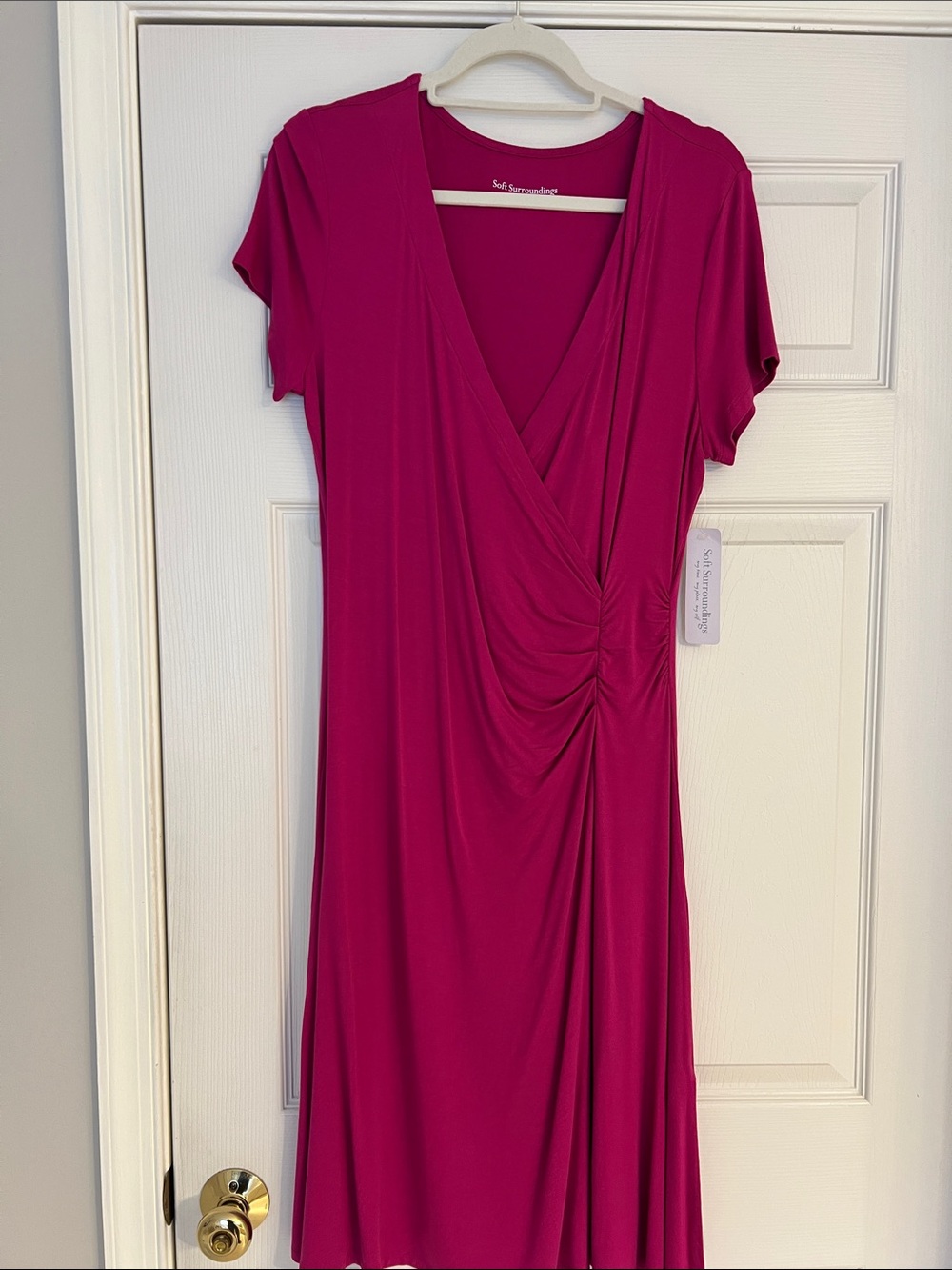 Soft Surroundings Magenta Surplice V-Neck Ruched Short-Sleeve Dress